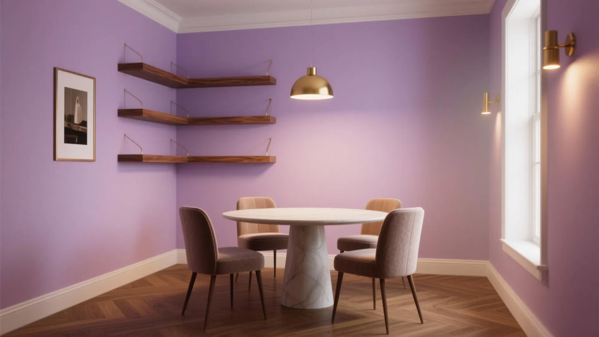 Dining room with purple walls round marble table four brown chairs and gold ceiling light fixture
