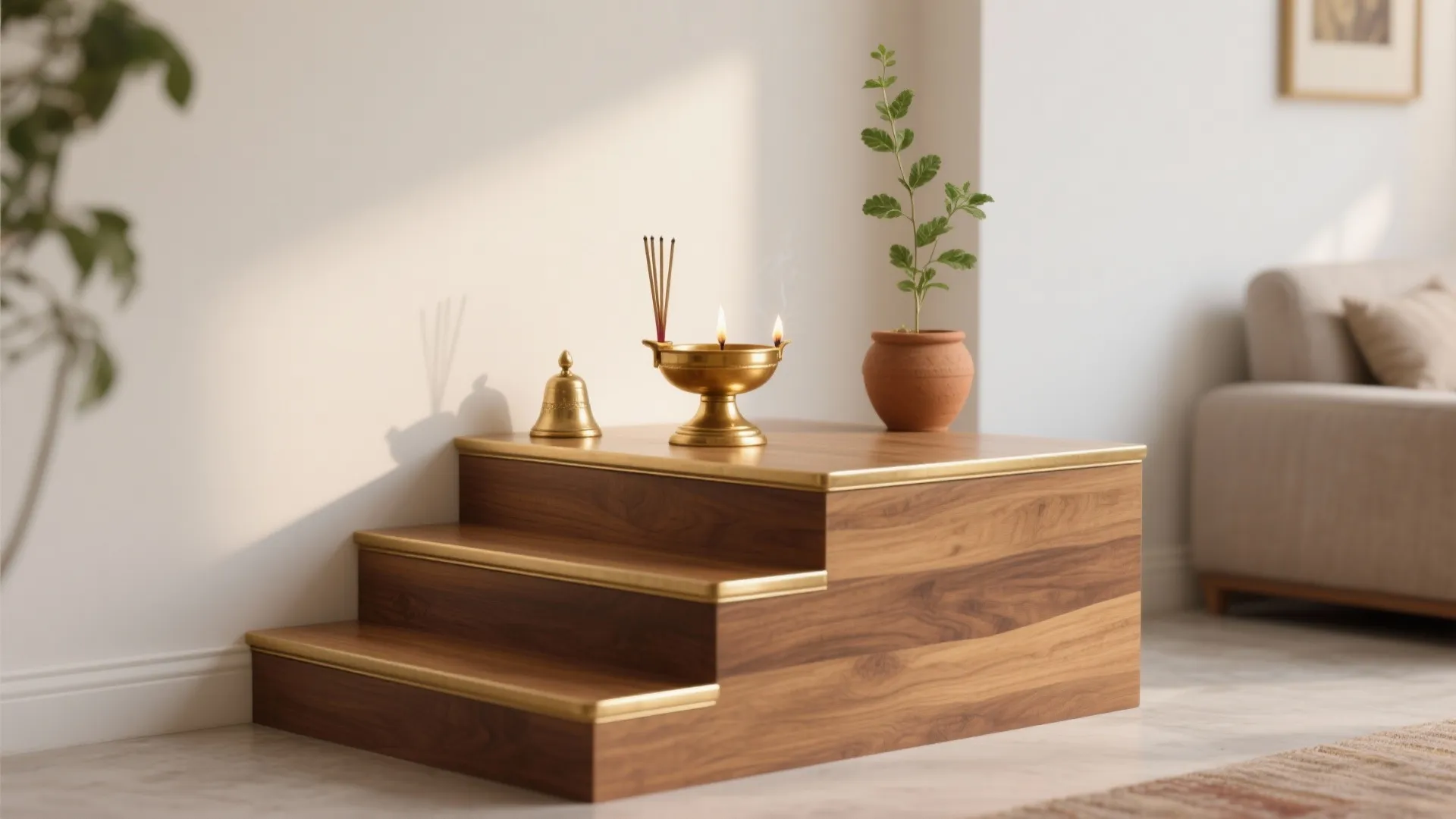 Minimal brass-and-wood padi steps