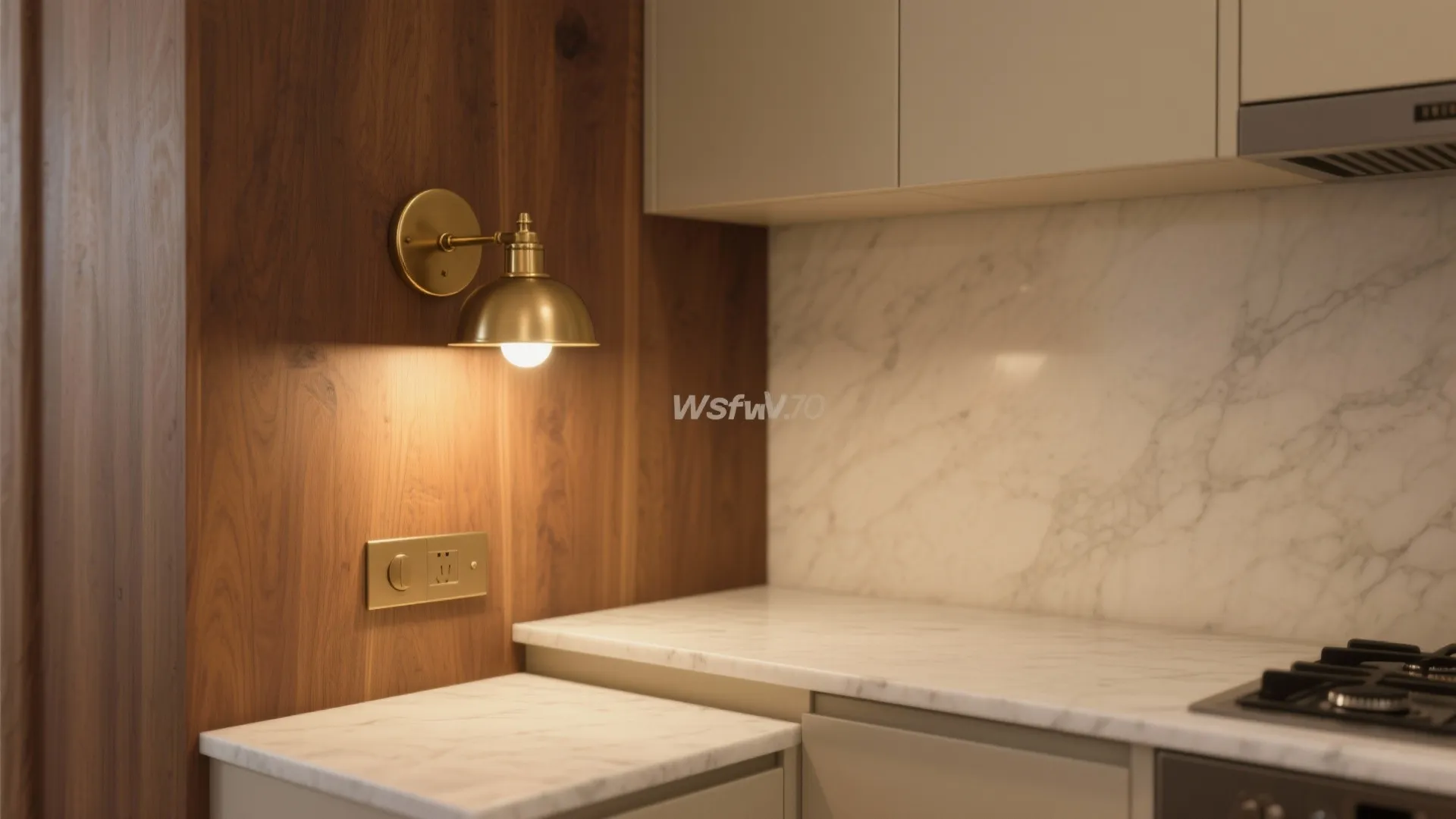 Brushed brass wall sconce mounted on a warm wood panel adds boutique warmth to a small kitchen.