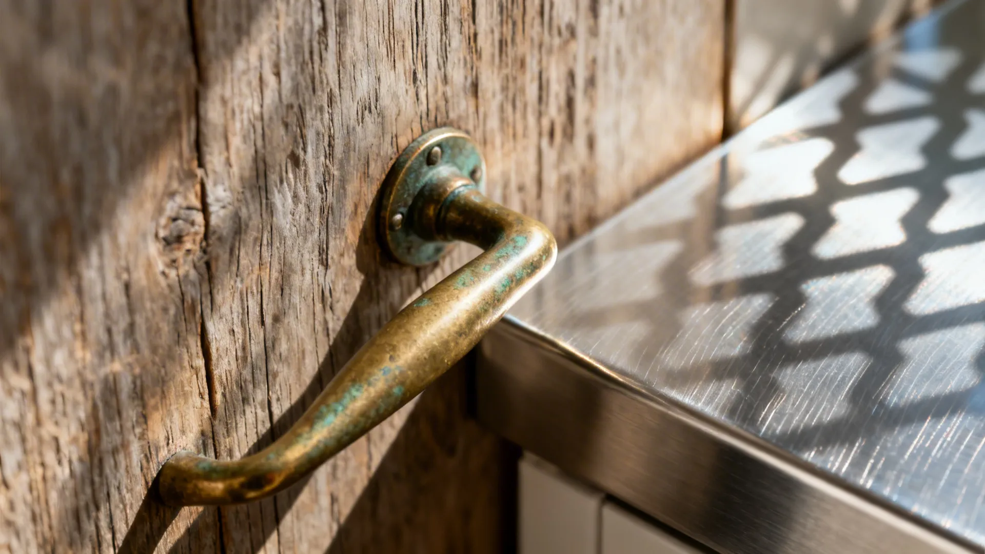 Macro of a patinated brass handle on wood next to brushed stainless steel.