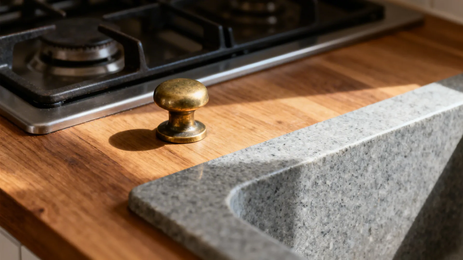 Macro of matte brass hardware on warm wood next to cool gray stone surface.
