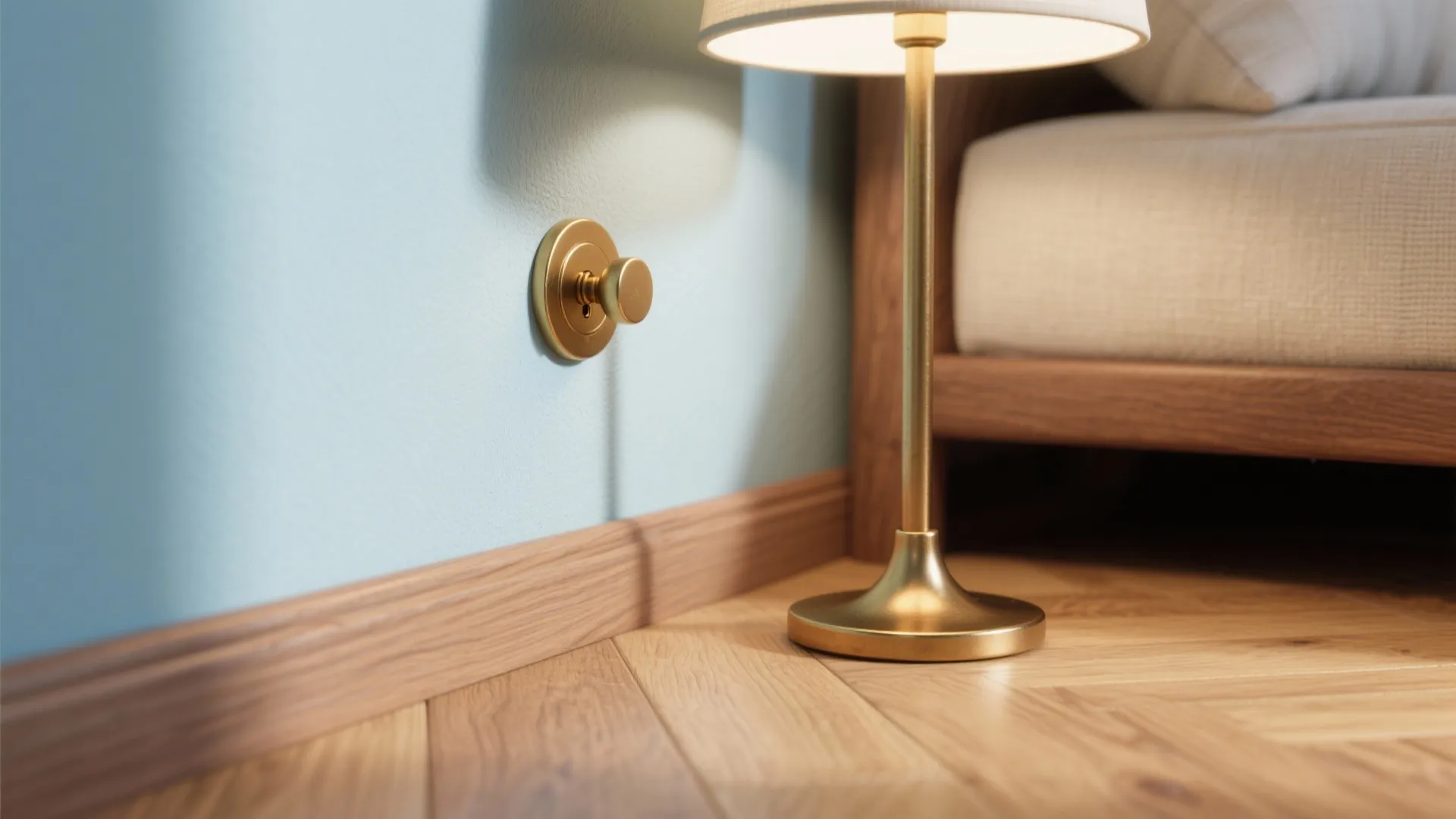 Close up of gold wall light on blue wall with wood floor and bedside lamp