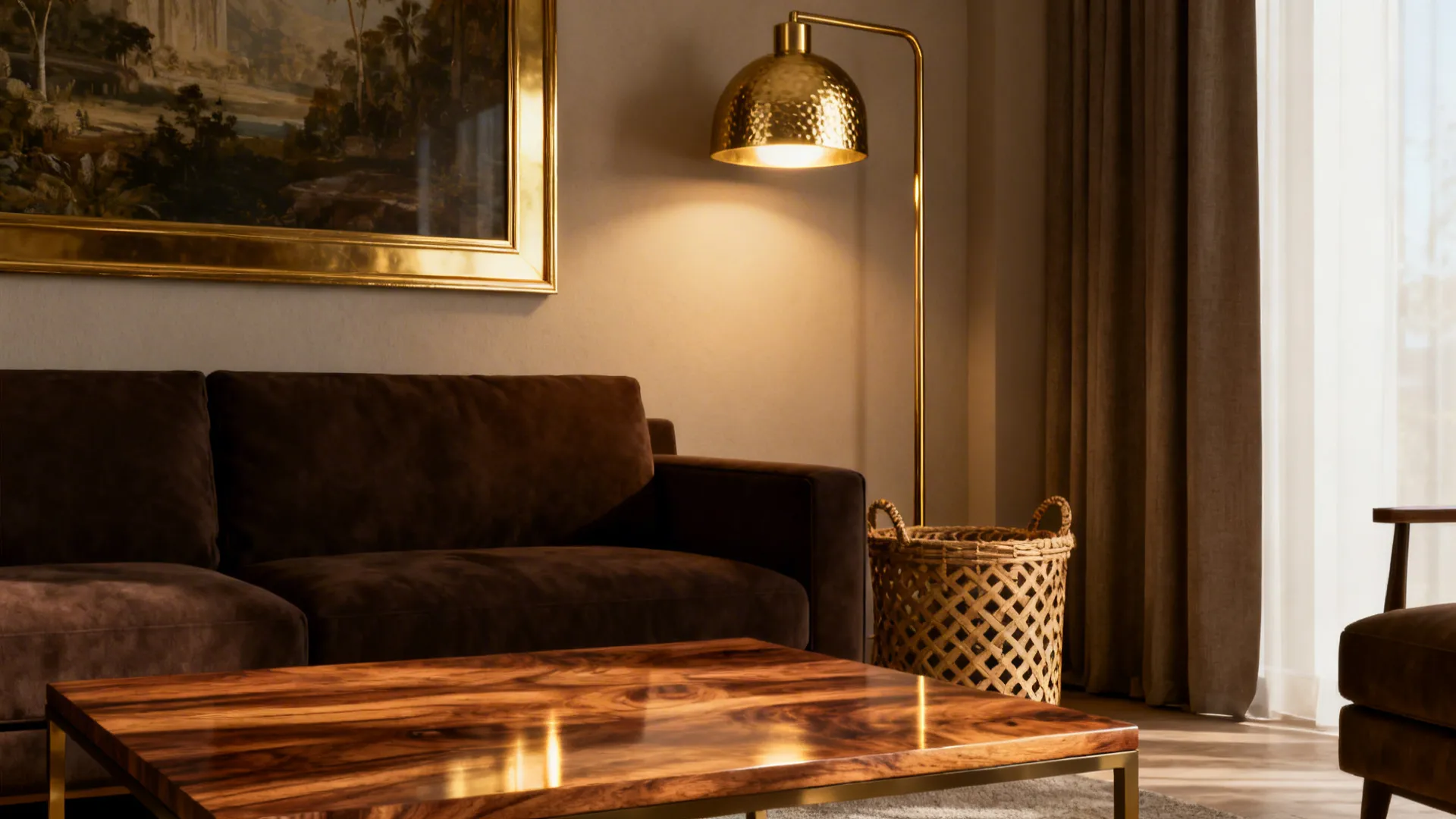 Dark brown sofa with brass lamp and walnut coffee table creating warm, elevated atmosphere.