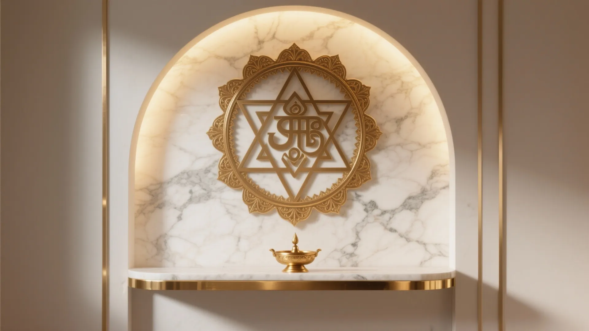 Modern marble wall niche featuring a gold geometric symbol and a small brass oil lamp