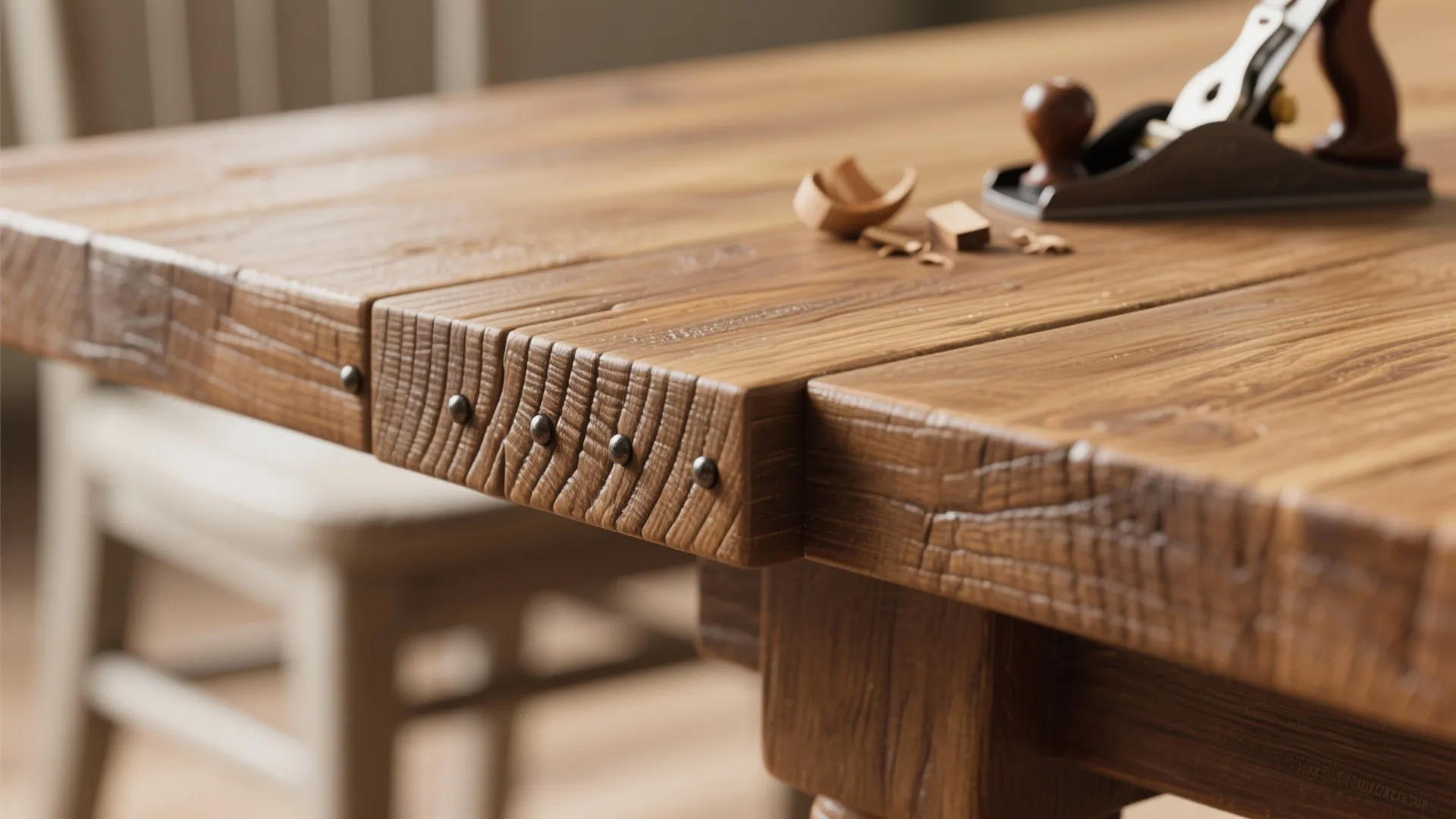 Close up of a wooden dining table edge showing detailed wood grain and small metal pins