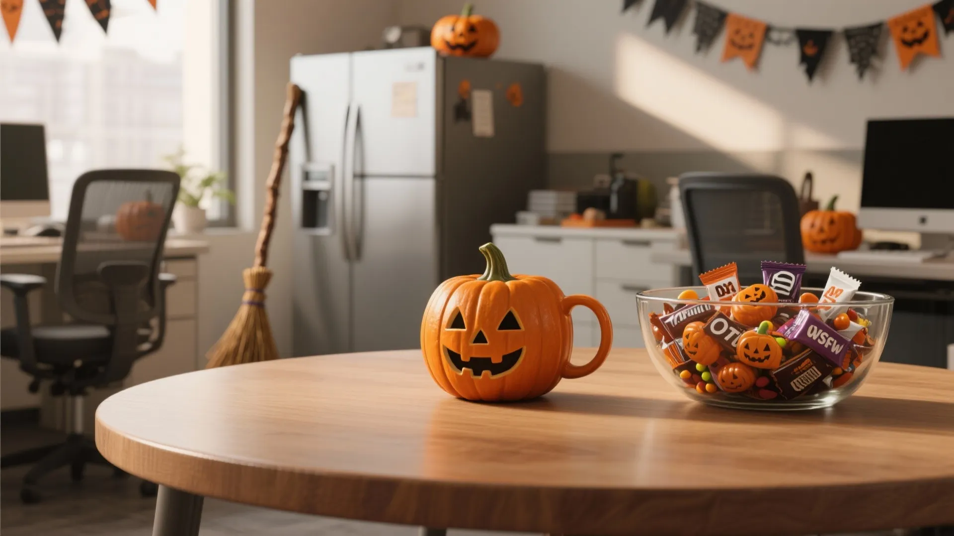 Office break area with pumpkin mug plus bowl of candy on wooden table and broom