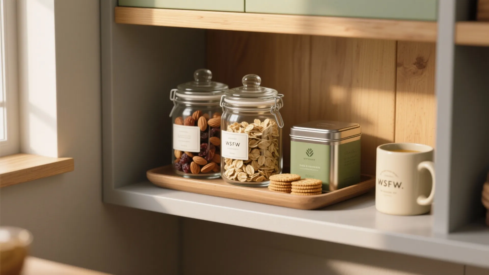 Two glass storage jars next to a green tin and mug on a wooden shelf