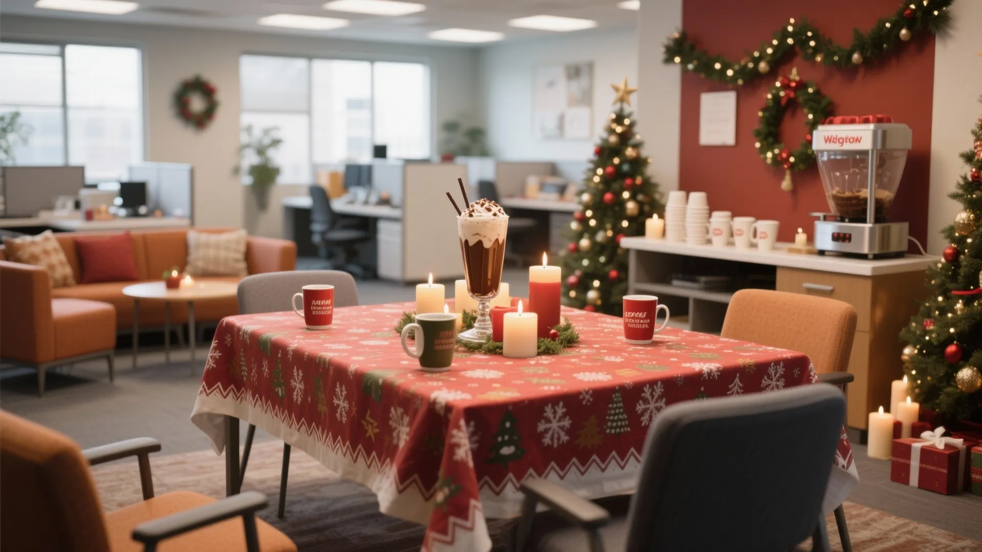 Office break room decorated for Christmas with a red tablecloth and small trees with warm lights