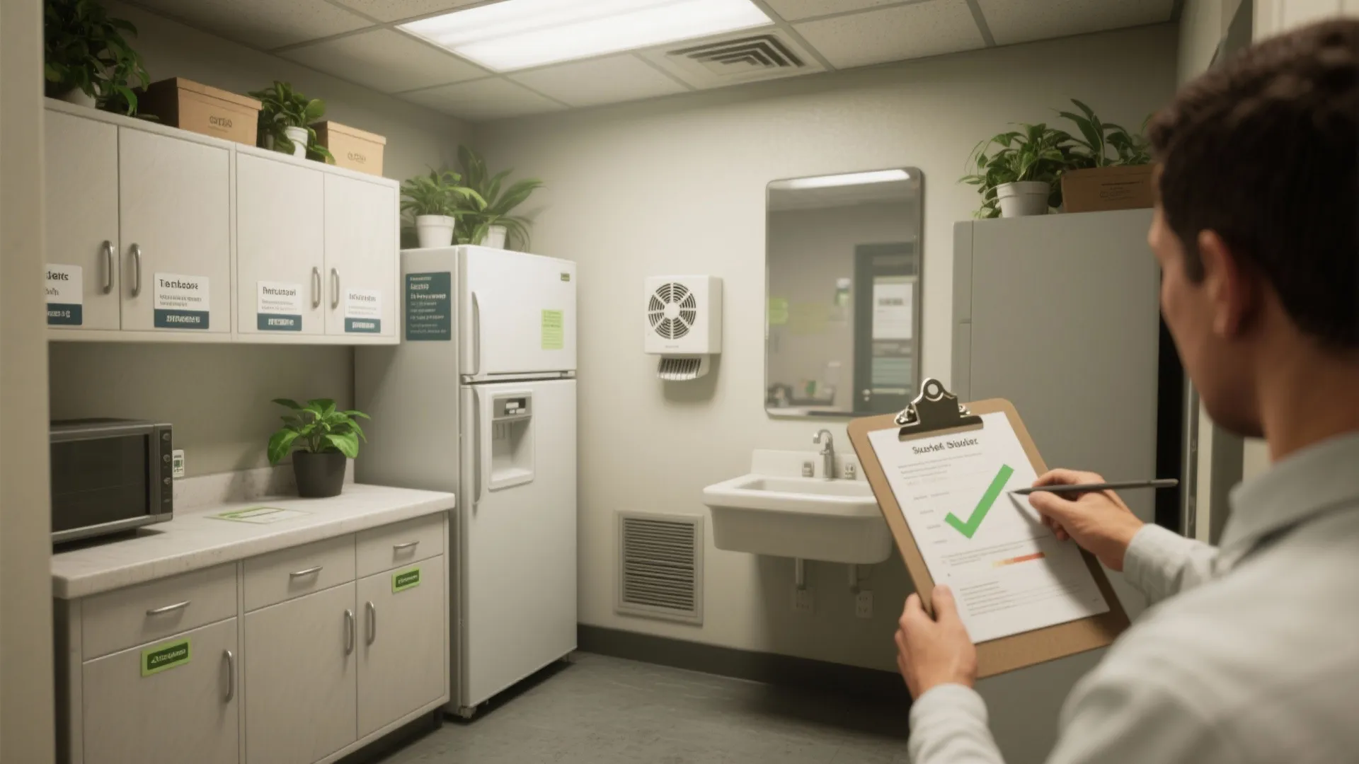 Tidy compact break room with labeled storage, ventilated fridge, air purifier and a clipboard for staff feedback.