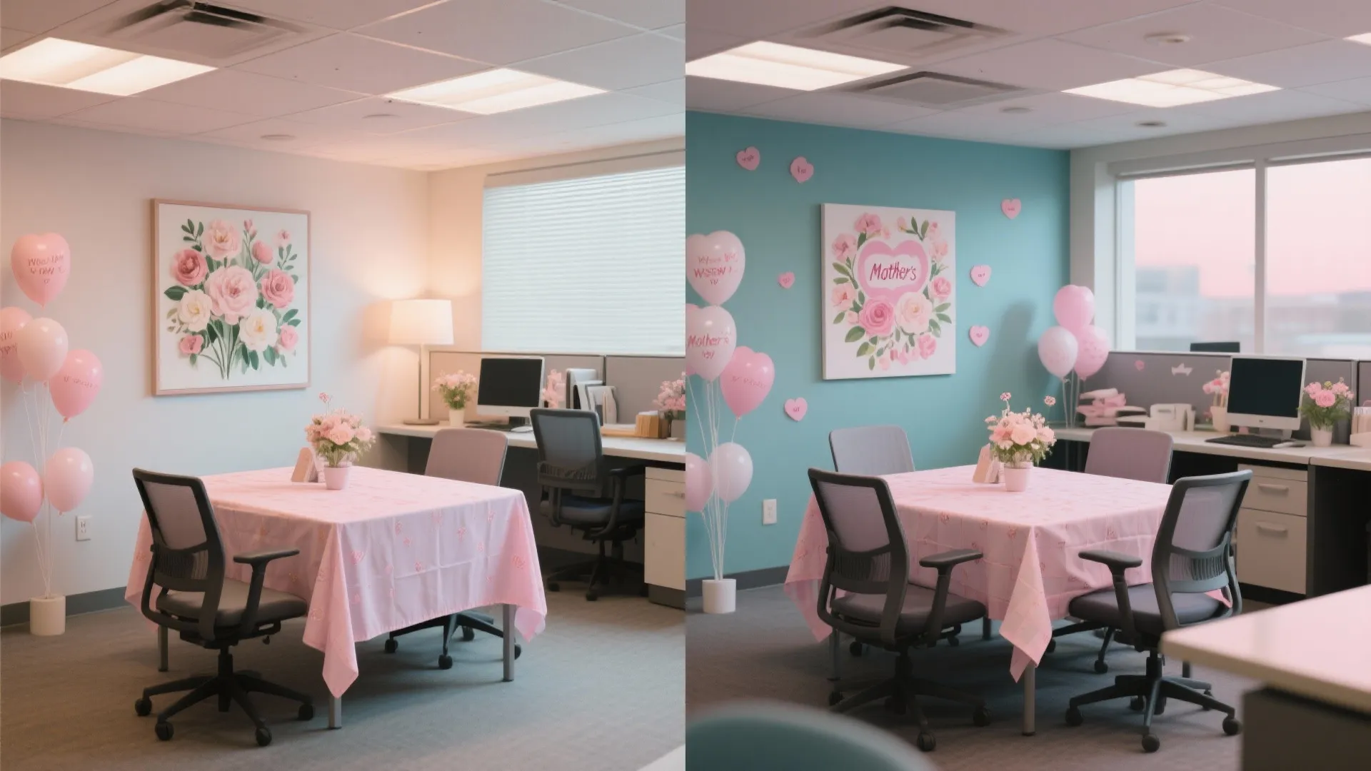 Before and after comparison of office break room decorated with pink balloons and floral art