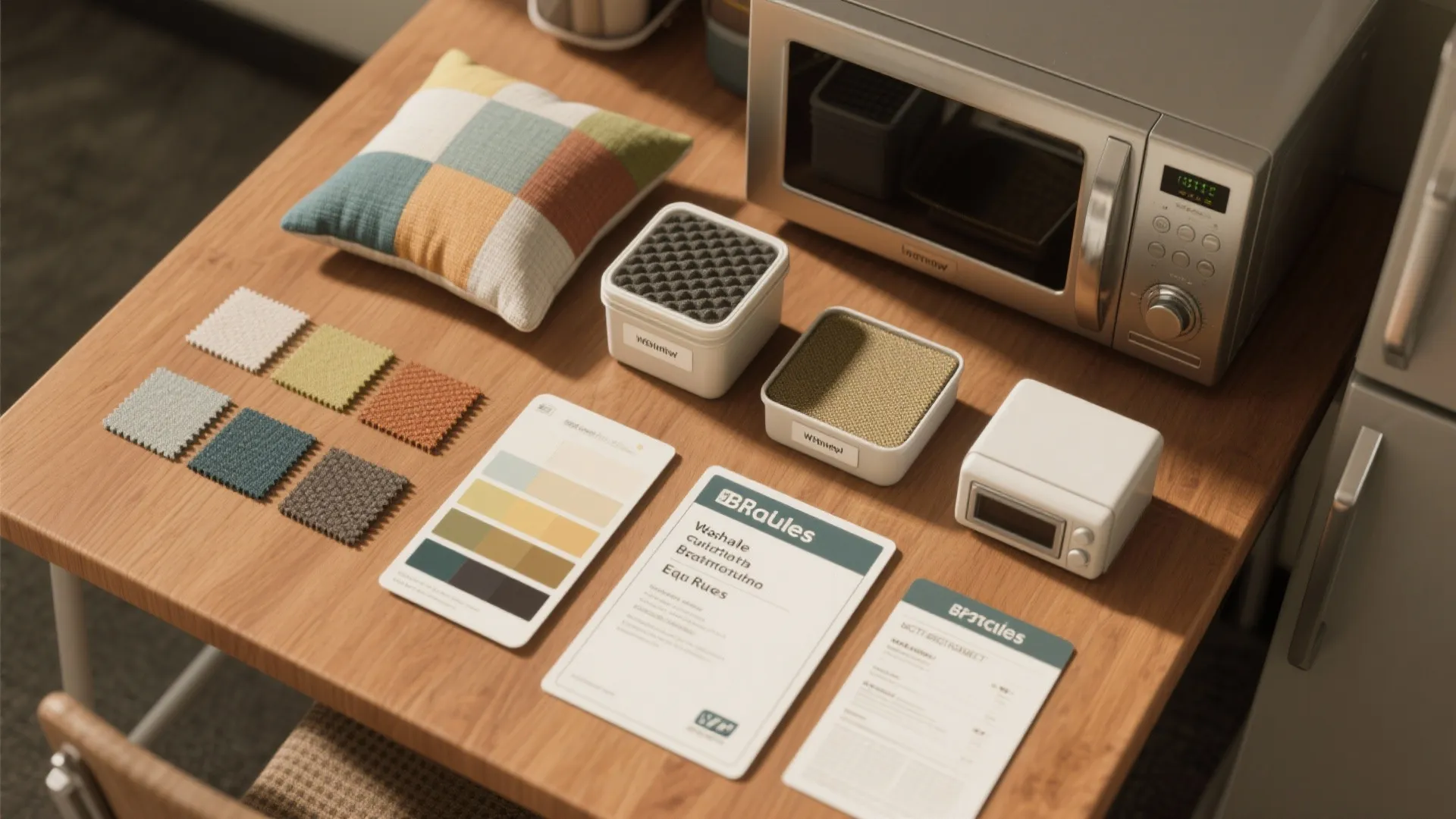 Flatlay of paint swatches, cushion samples, labeled storage containers and a one-sheet rules card for a break room.