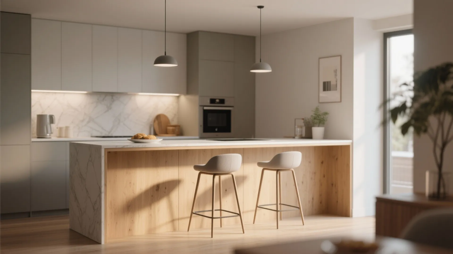 Minimalist kitchen with marble island wood breakfast bar two tall stools and grey hanging ceiling lights