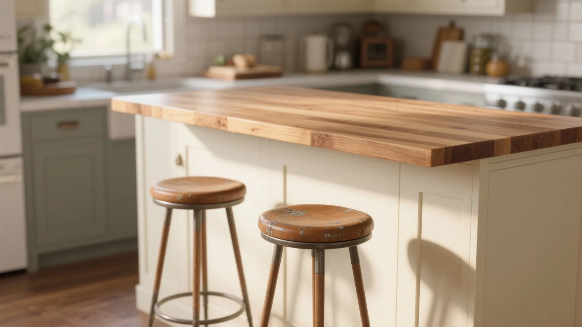 Modern kitchen island with thick wood countertop and two round wooden stools in light interior