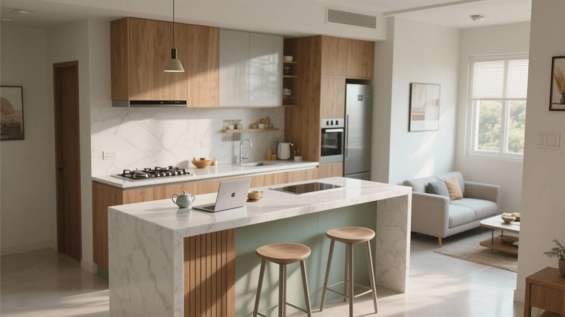 Modern kitchen with marble island breakfast bar stools laptop and bright living room in background