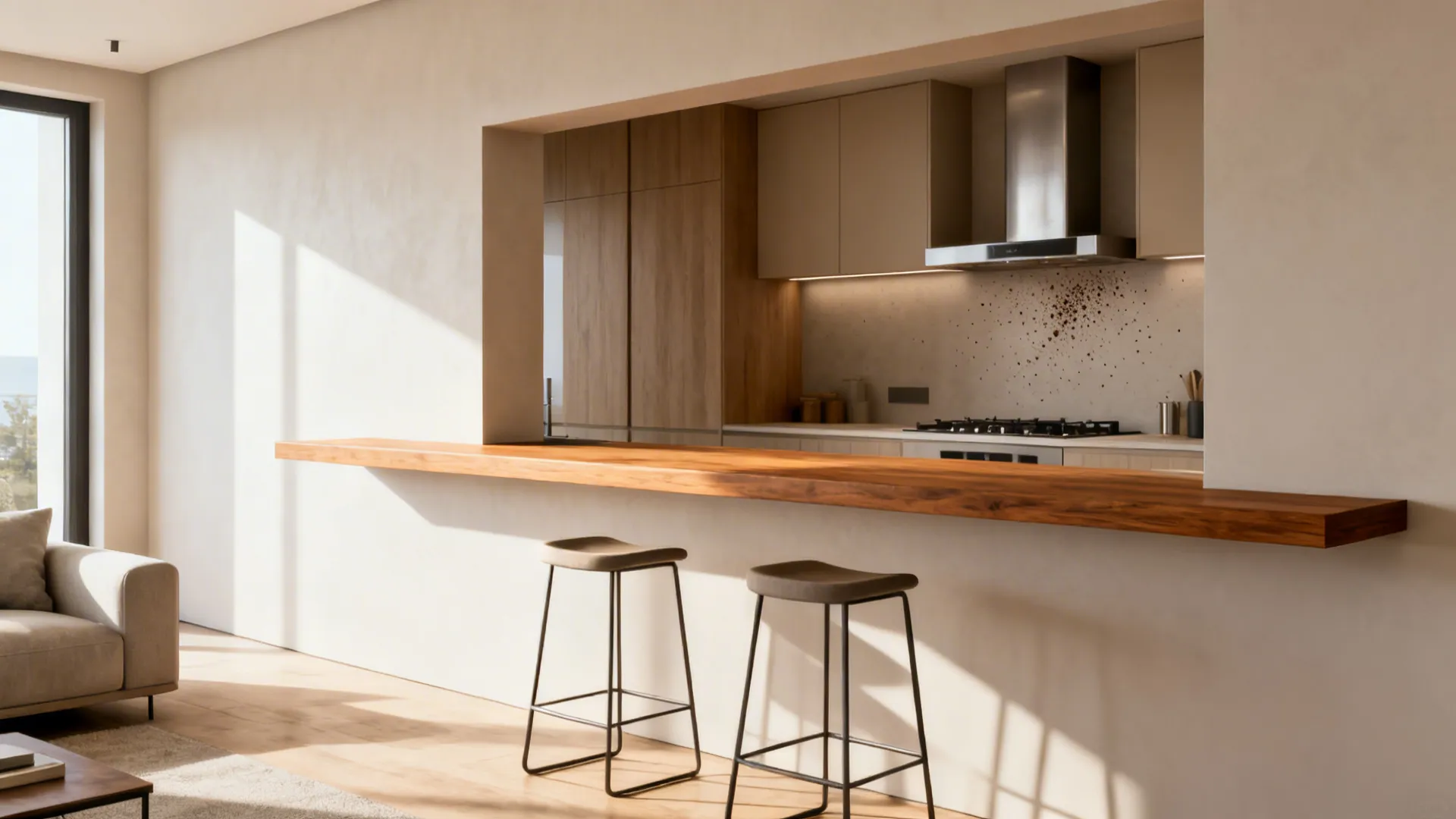 Breakfast bar cut-out between kitchen and living room with stools and continuous countertop.