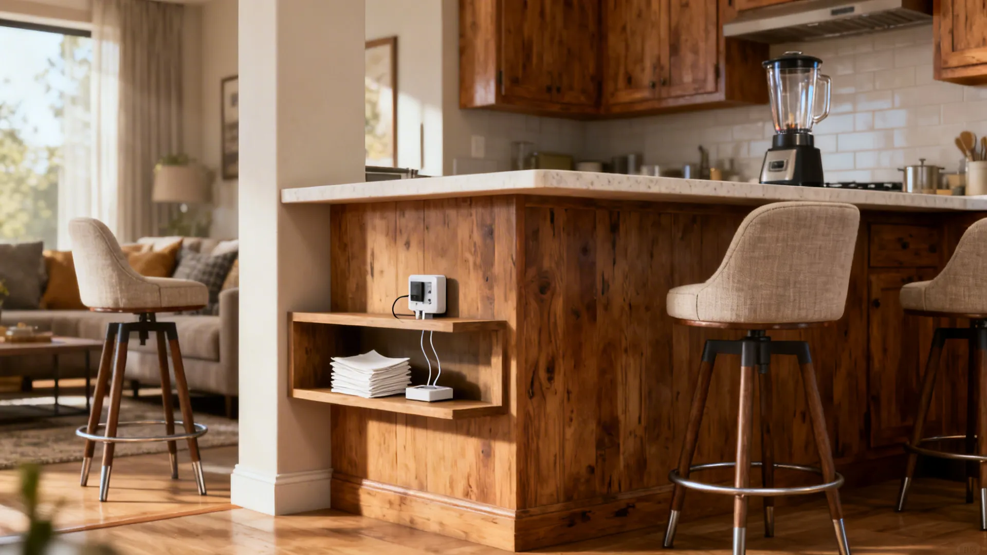 Wood kitchen island with built in shelf charging station bar stools and living room background