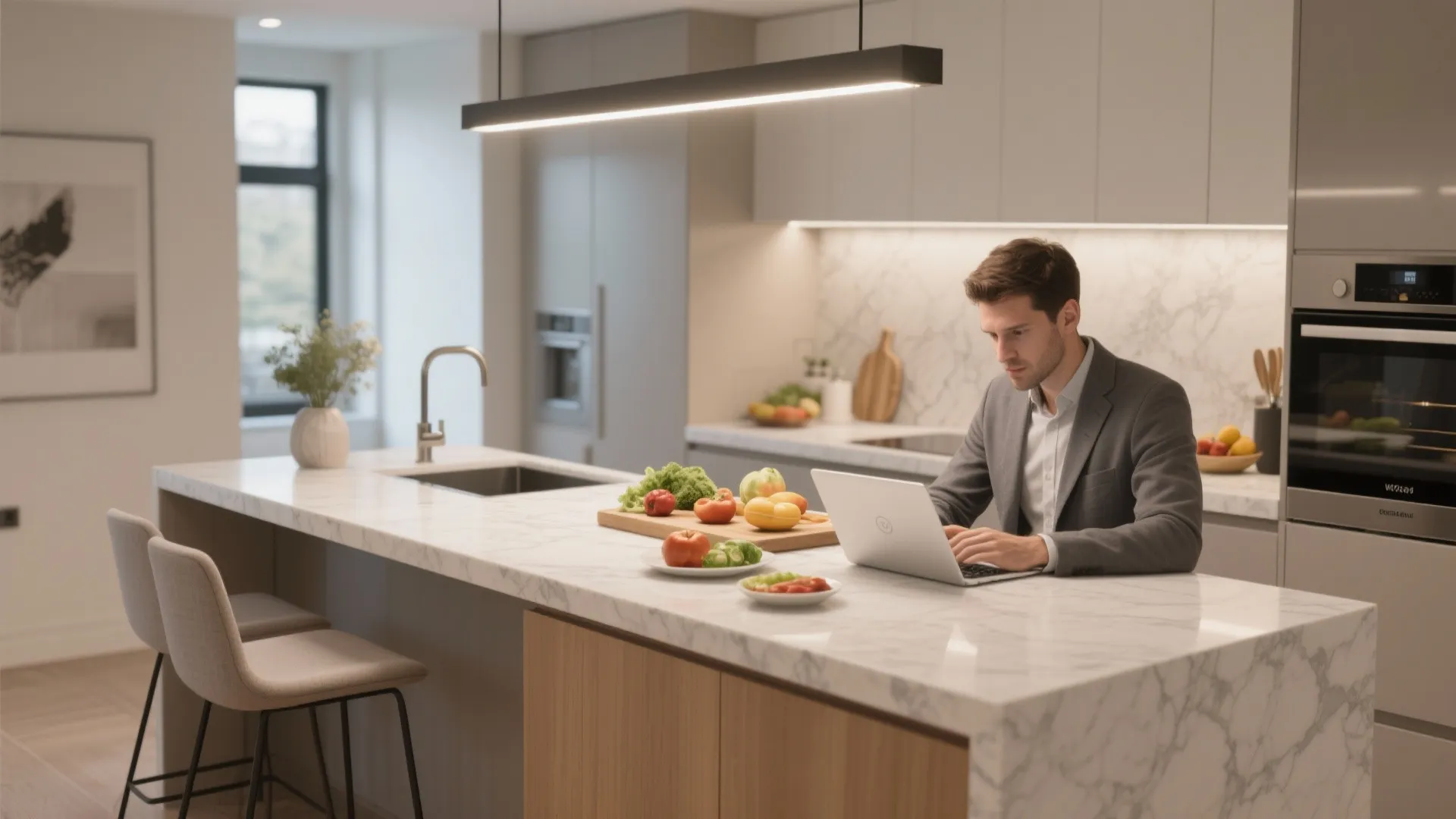 Man working on laptop at marble kitchen island with grey chairs and modern ceiling light