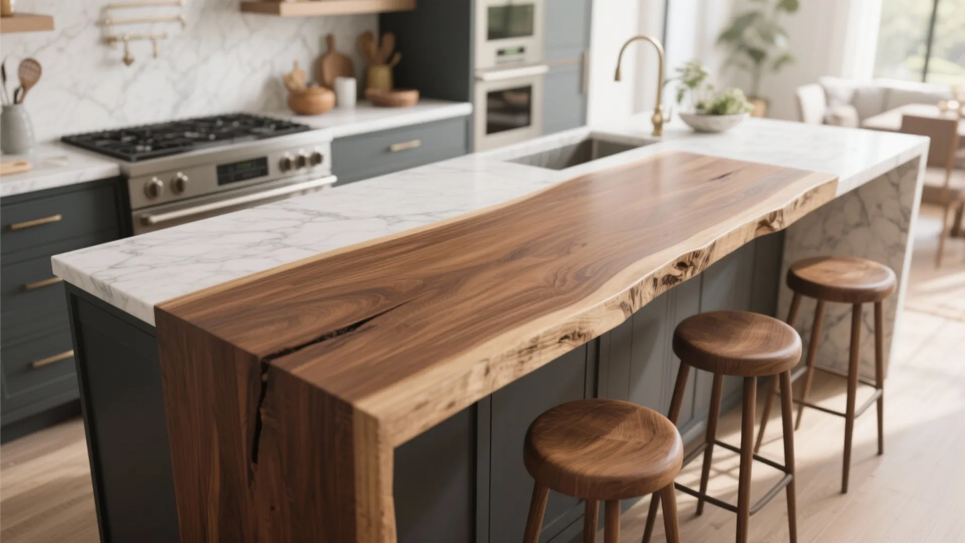 Kitchen island with white marble and wood extension bar next to three wooden round stools