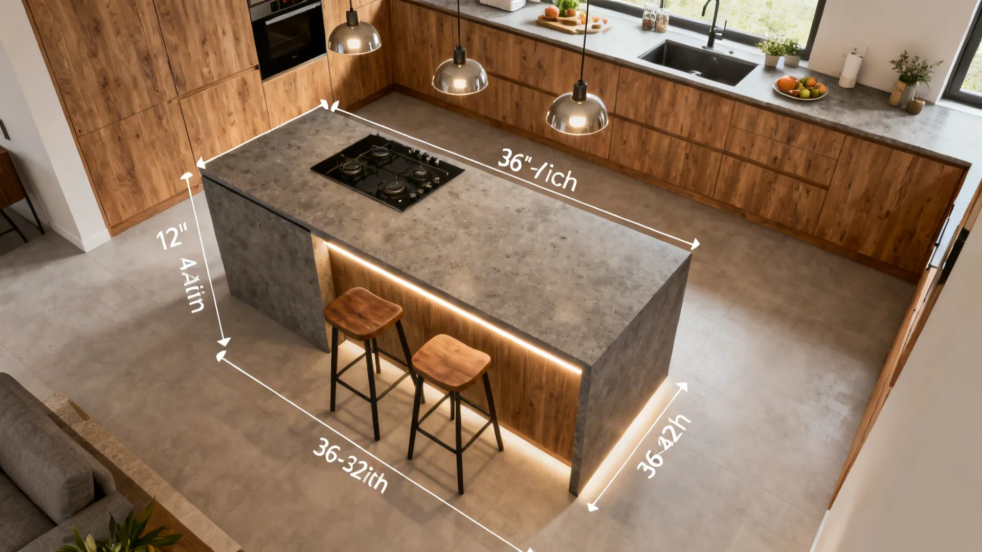 Top-down view showing ideal breakfast bar spacing, overhang, stool width, and walkway clearance.