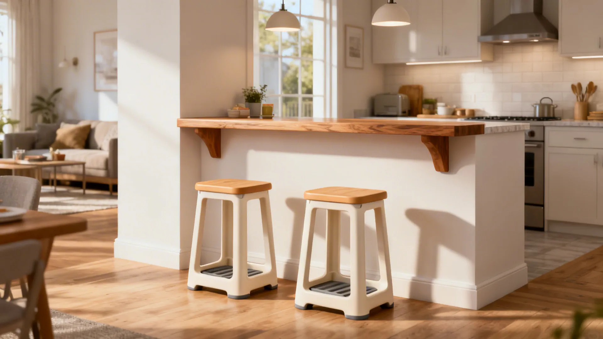 Modern kitchen with wooden breakfast bar two white stools two ceiling lights and white cabinet design
