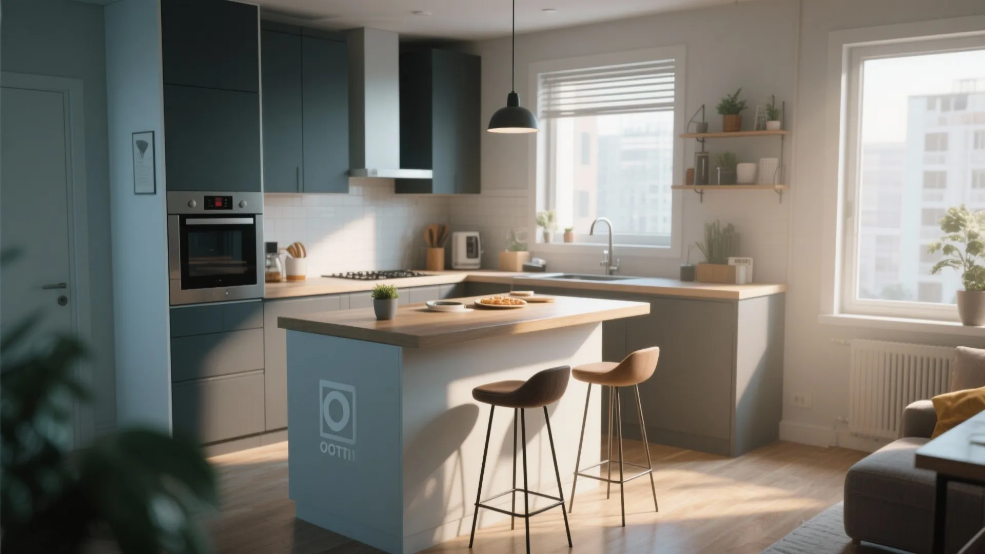 Modern grey kitchen with white island wooden top bar stools ceiling light oven and large windows