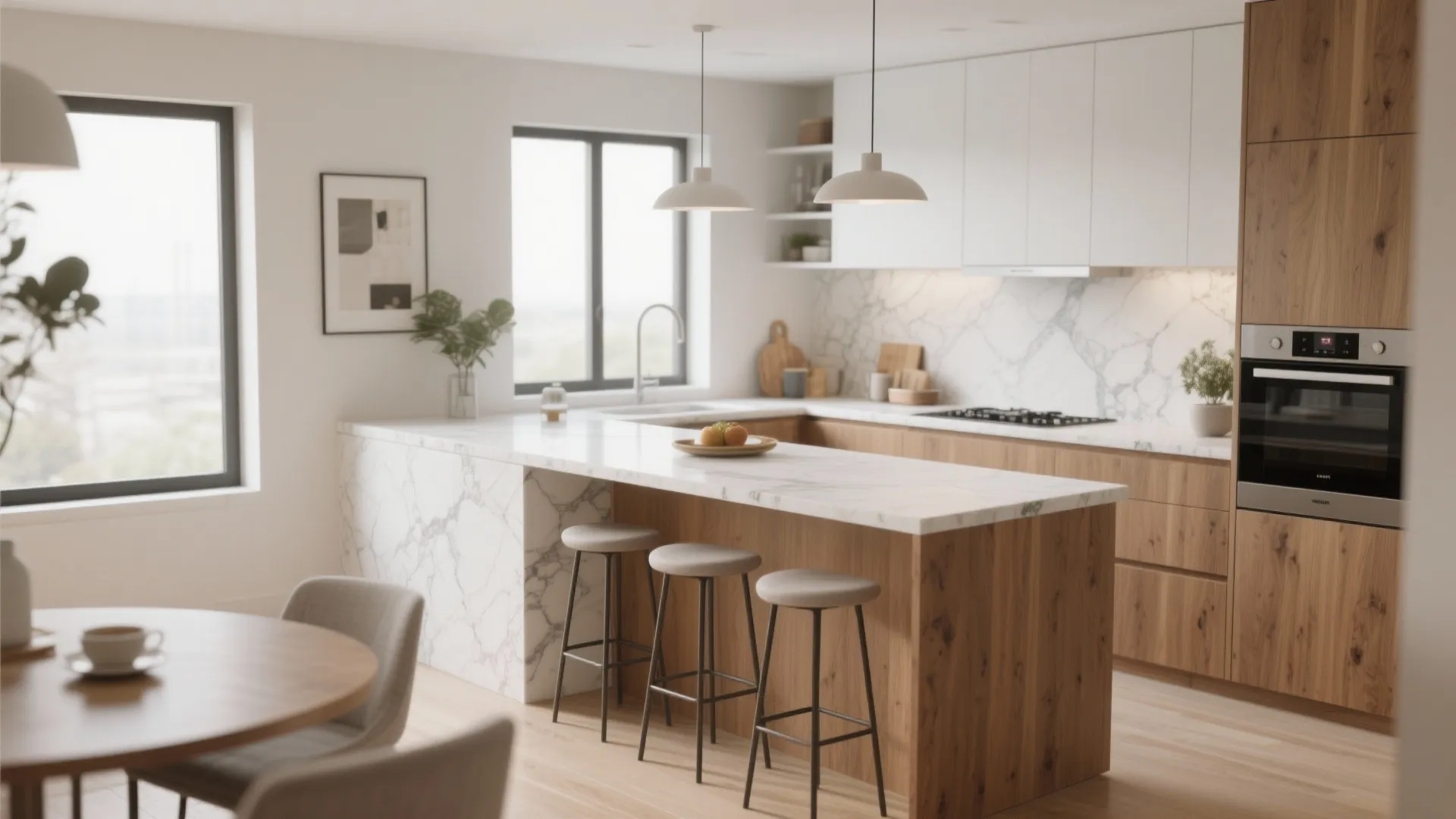 Modern kitchen with marble counter breakfast bar wood cabinets grey stools and two white pendant lights
