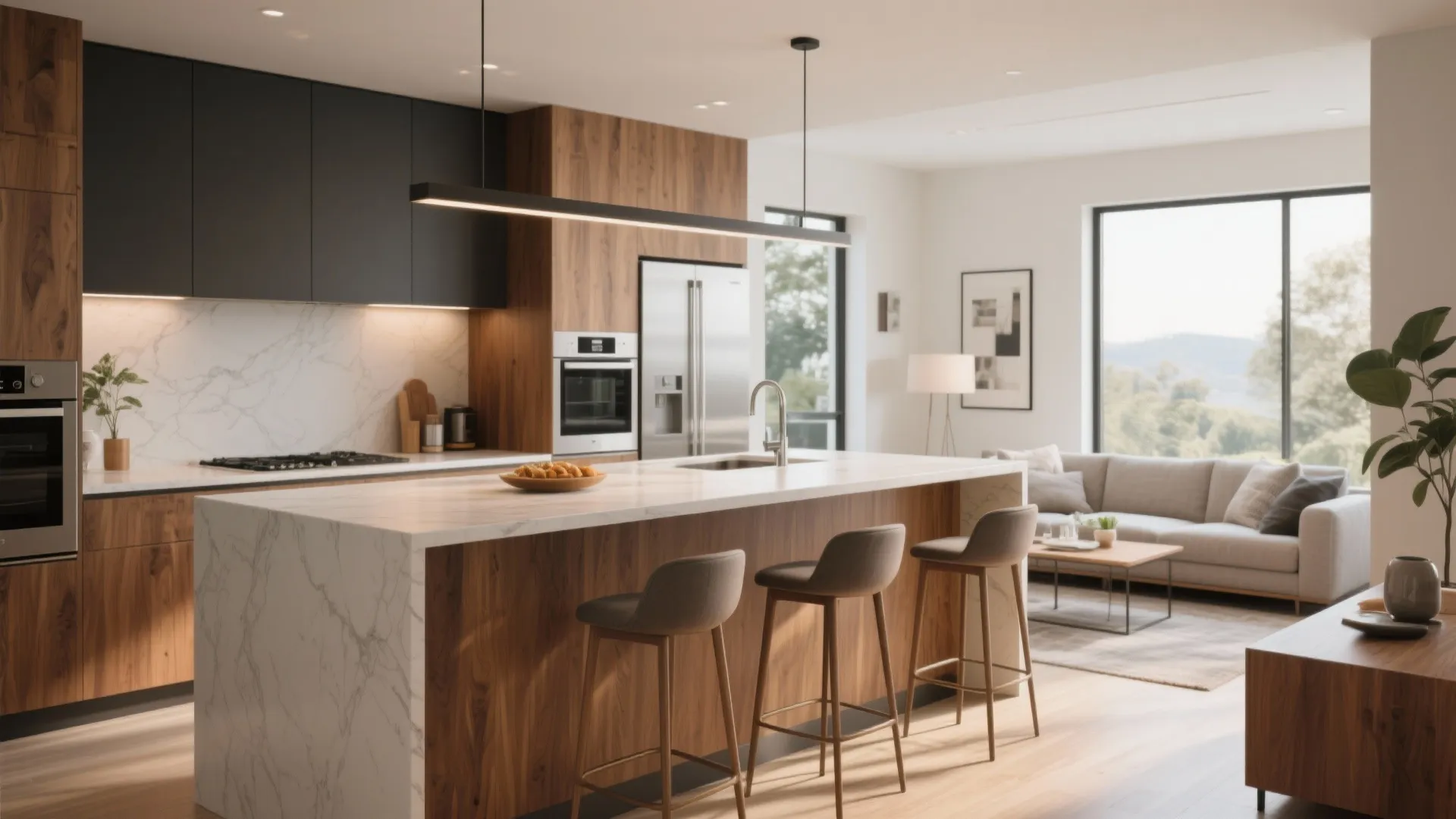 Modern kitchen with wood cabinets and marble island including bar stools and long black ceiling light