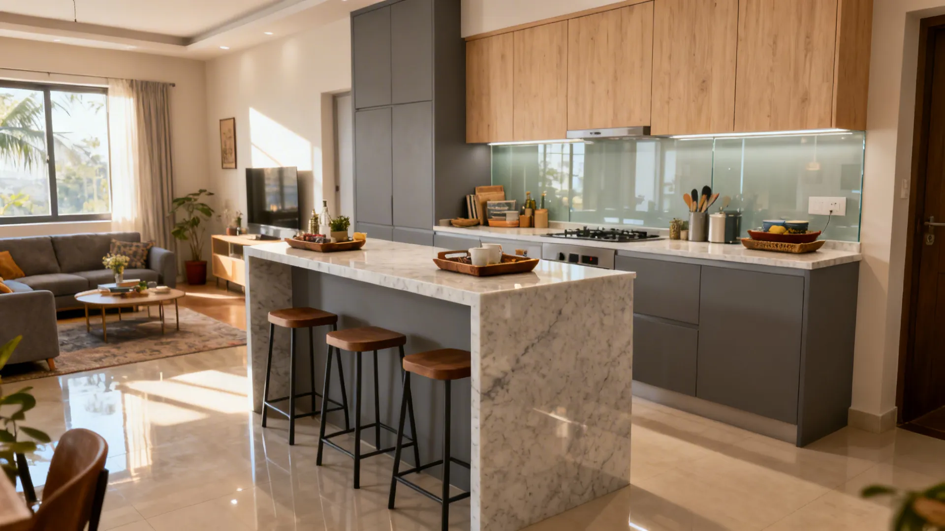 Small Indian open-plan kitchen with a quartz waterfall breakfast-bar island and tucked stools.