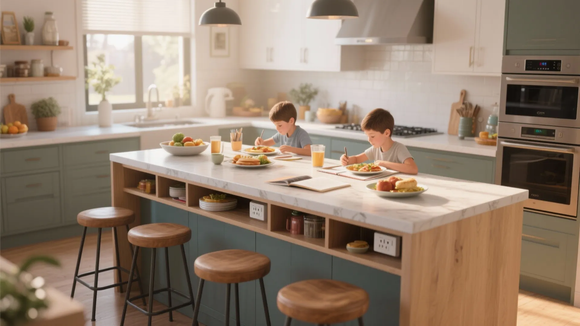 Two children eating breakfast at a kitchen island with green cabinets and wooden bar stools