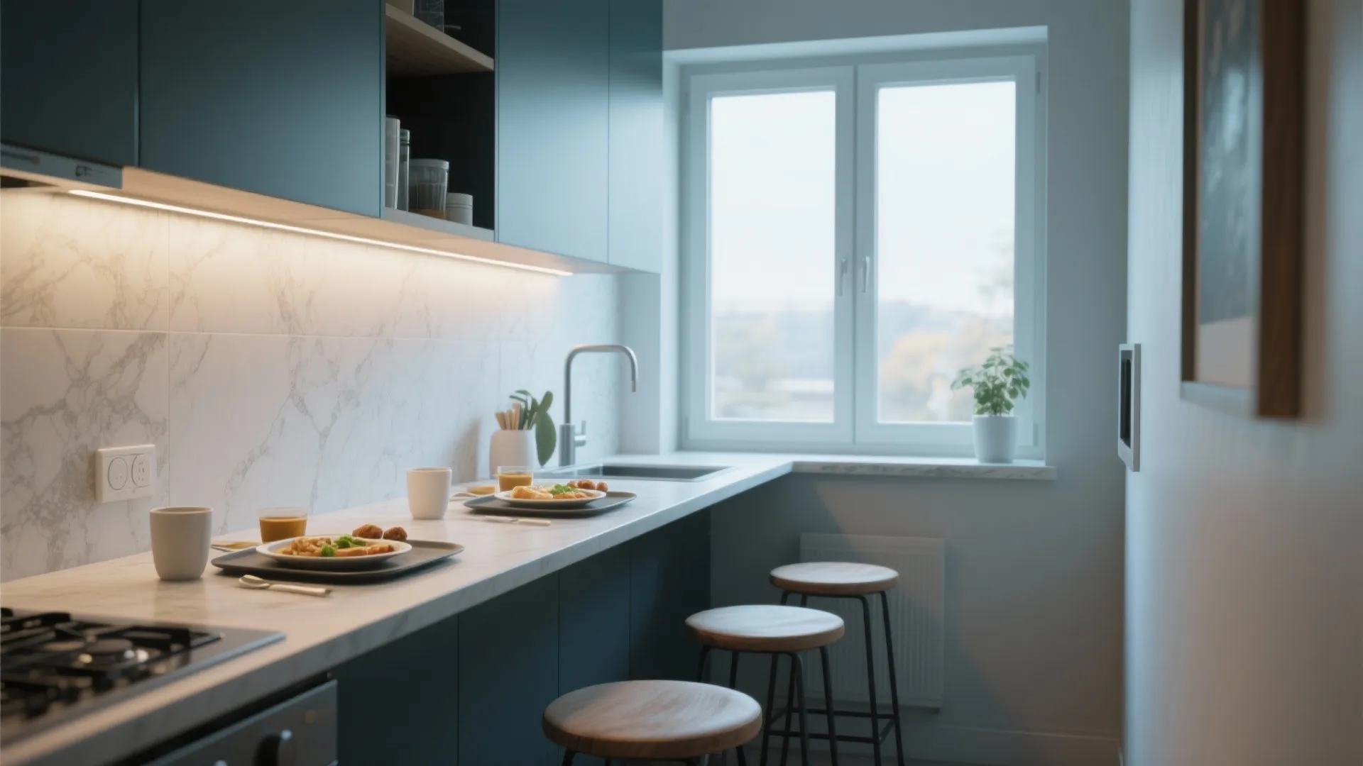 Slim breakfast bar nook with view through large window