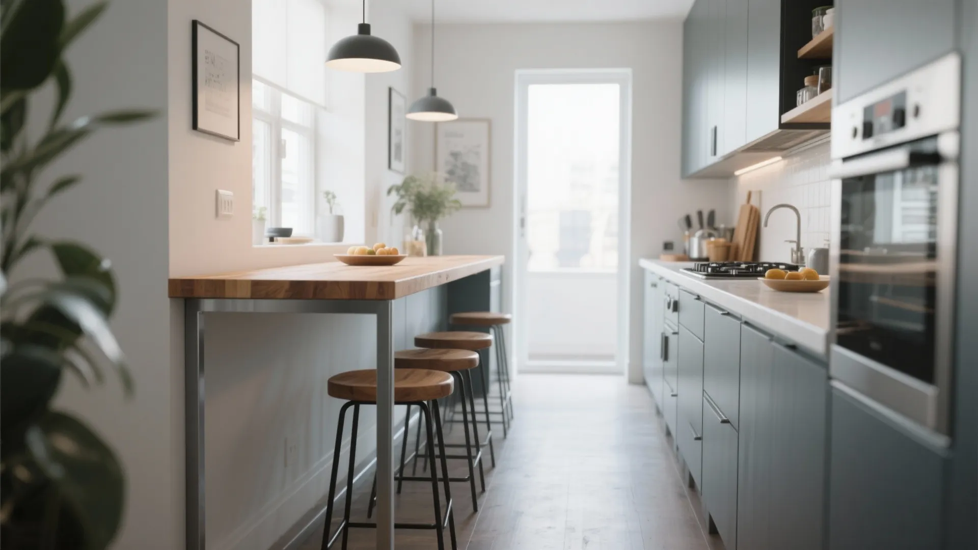 Narrow kitchen with wood breakfast bar four wooden stools grey cabinets and black ceiling lights