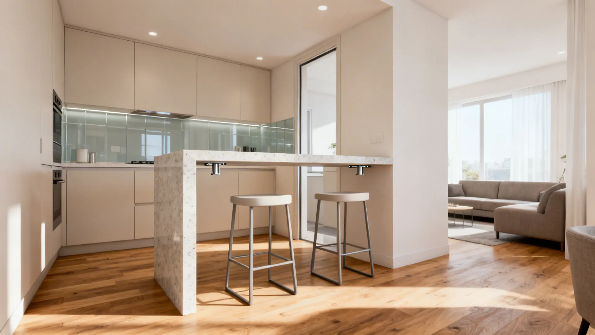 Counter-height opening with a quartz breakfast bar and two stools in a small kitchen