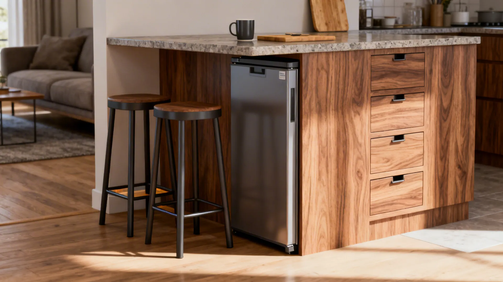 Half wall with extended countertop and stools, showing under-counter fridge and integrated storage.