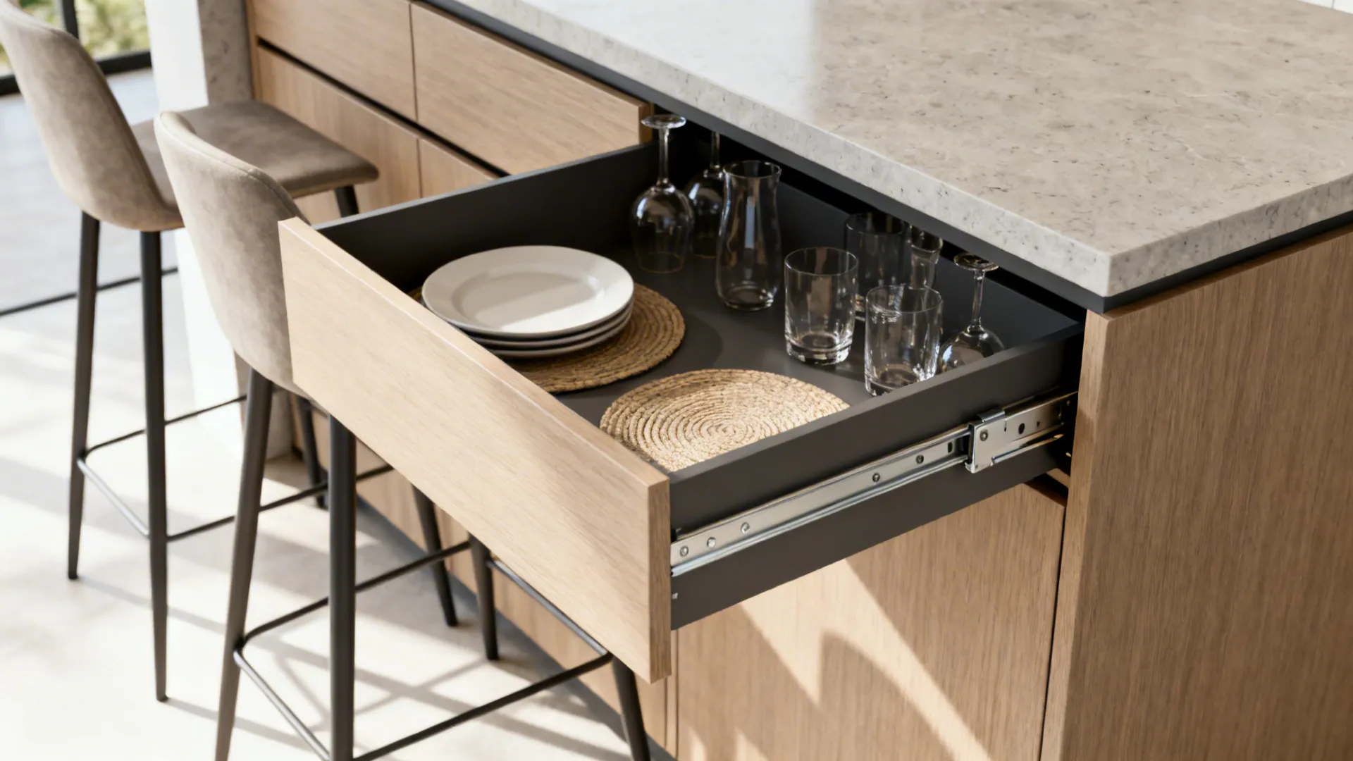 Macro view of concealed drawers and shallow cabinet under a modern breakfast bar.