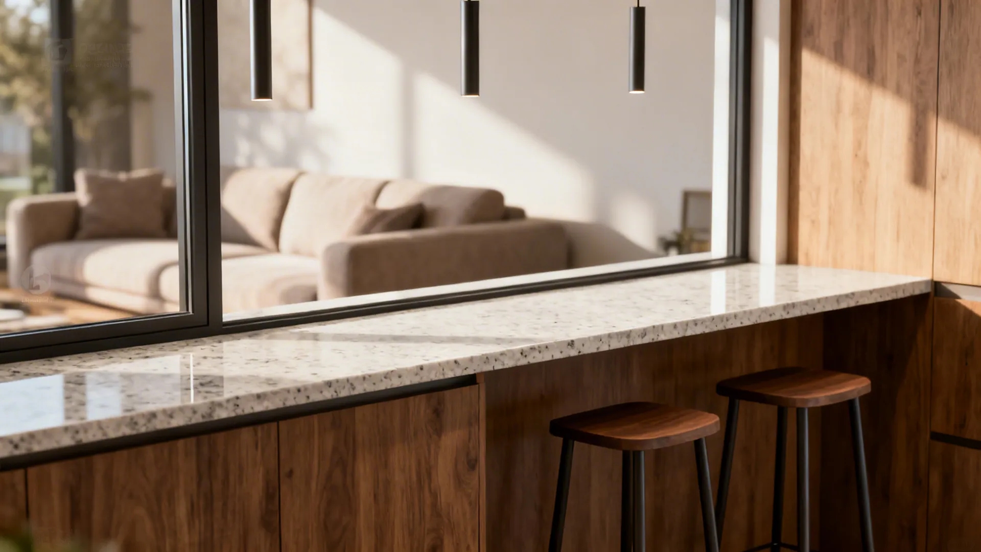 Counter-height breakfast ledge with pendants and stools opening to the living room.