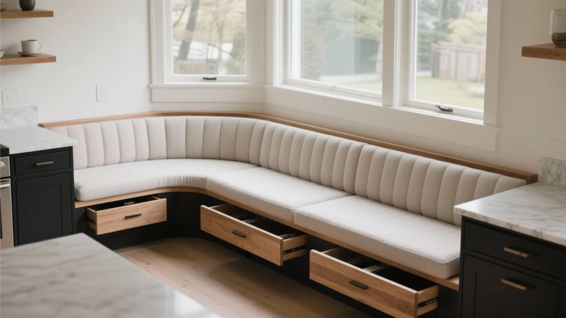 Curved breakfast bench in a bay window with hidden storage under seat