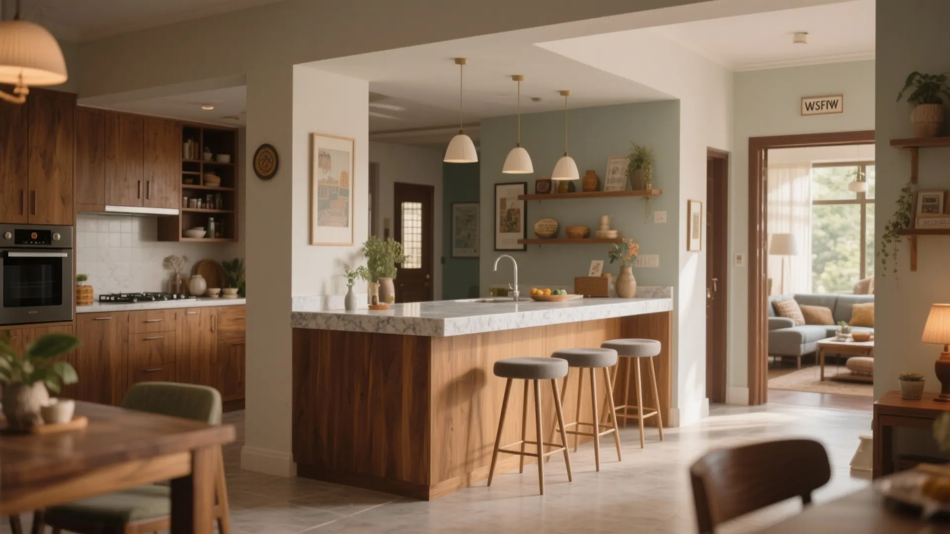 Modern kitchen with wood cabinets marble breakfast counter three grey stools and white ceiling light