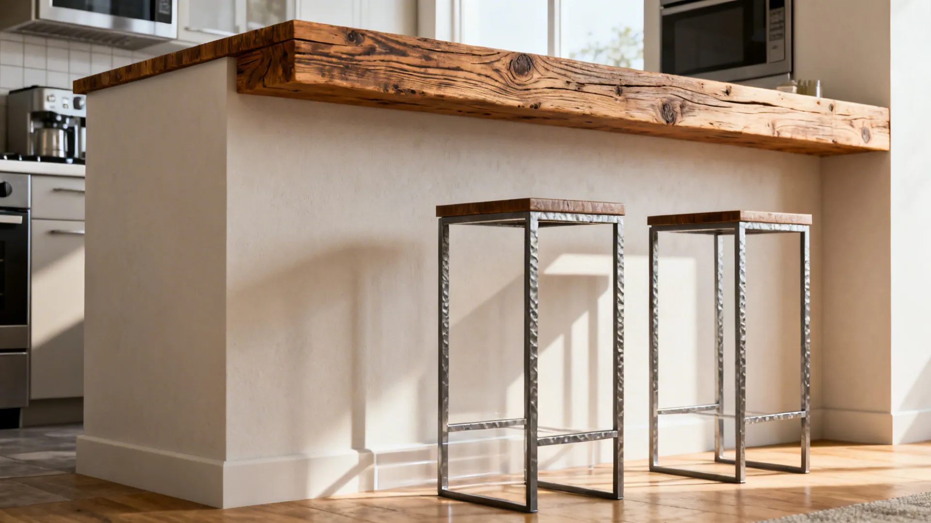 Half wall converted into a slim breakfast counter with reclaimed wood overhang and two stools.