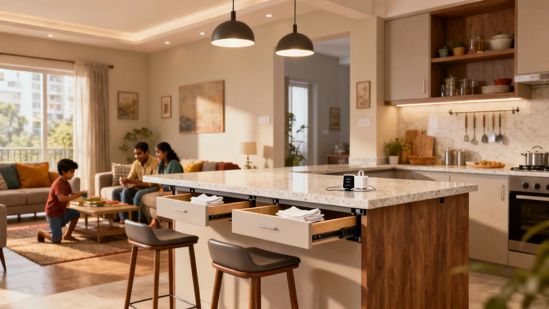 Open kitchen breakfast counter with tuck-in stools and hidden brackets facing the living area.