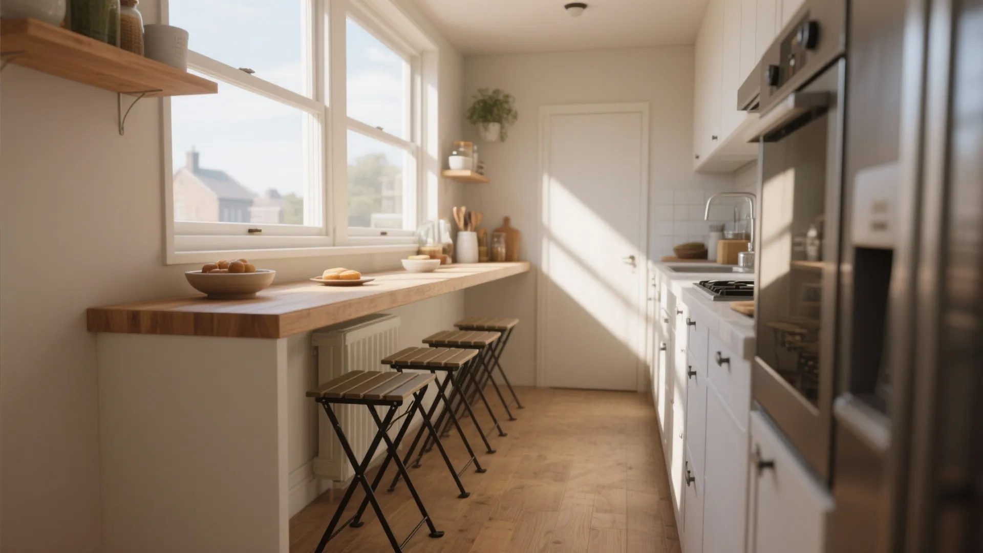 Long wooden breakfast bar with three folding stools in a narrow white modern kitchen space