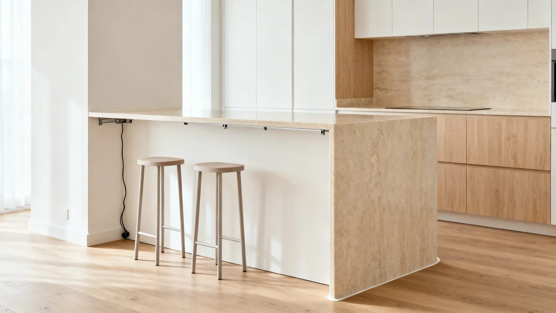 Slim breakfast ledge with waterfall edge and tuck-under stools in a compact kitchen.
