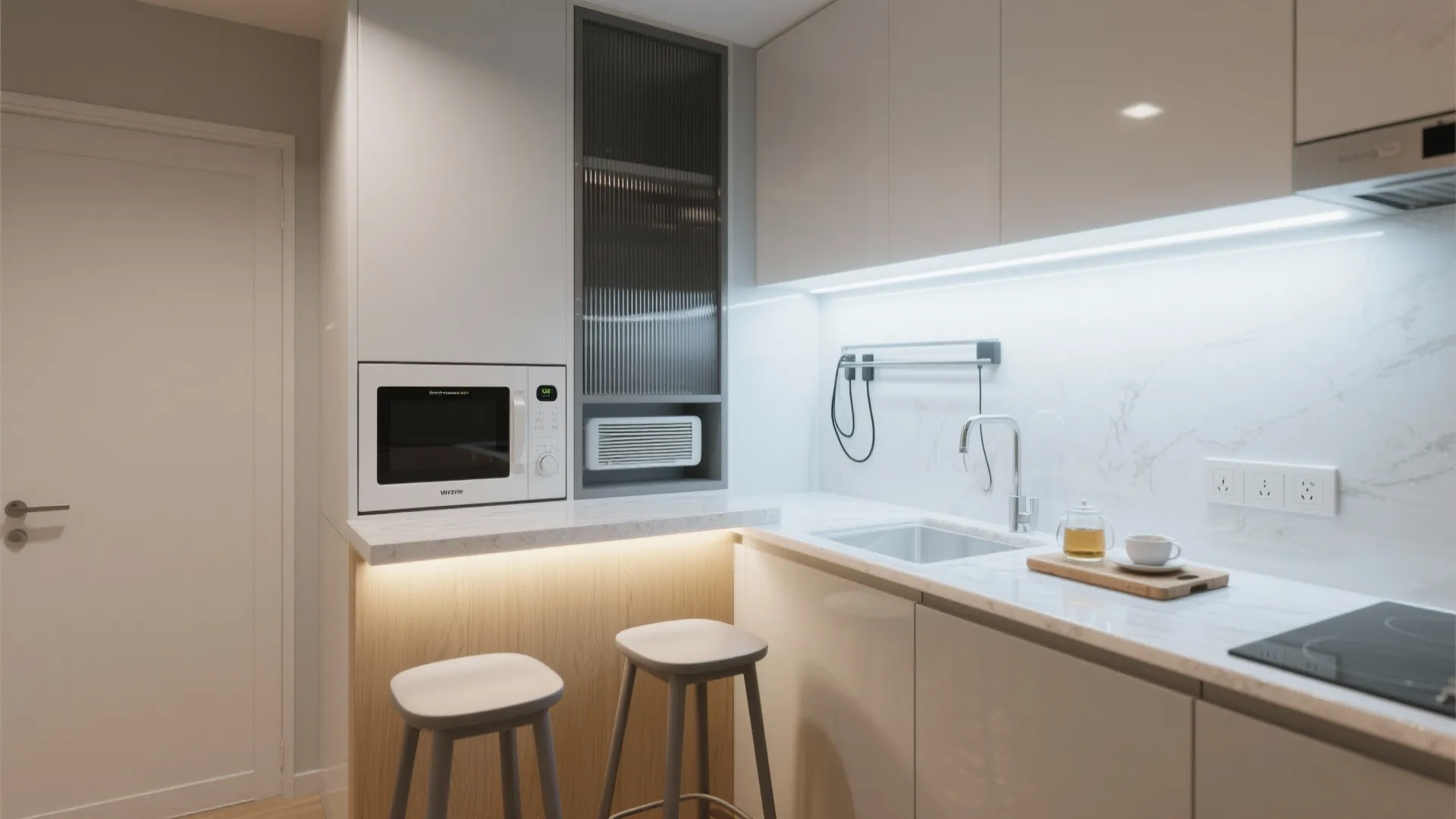 Compact Breakfast Counter and Hidden Utilities