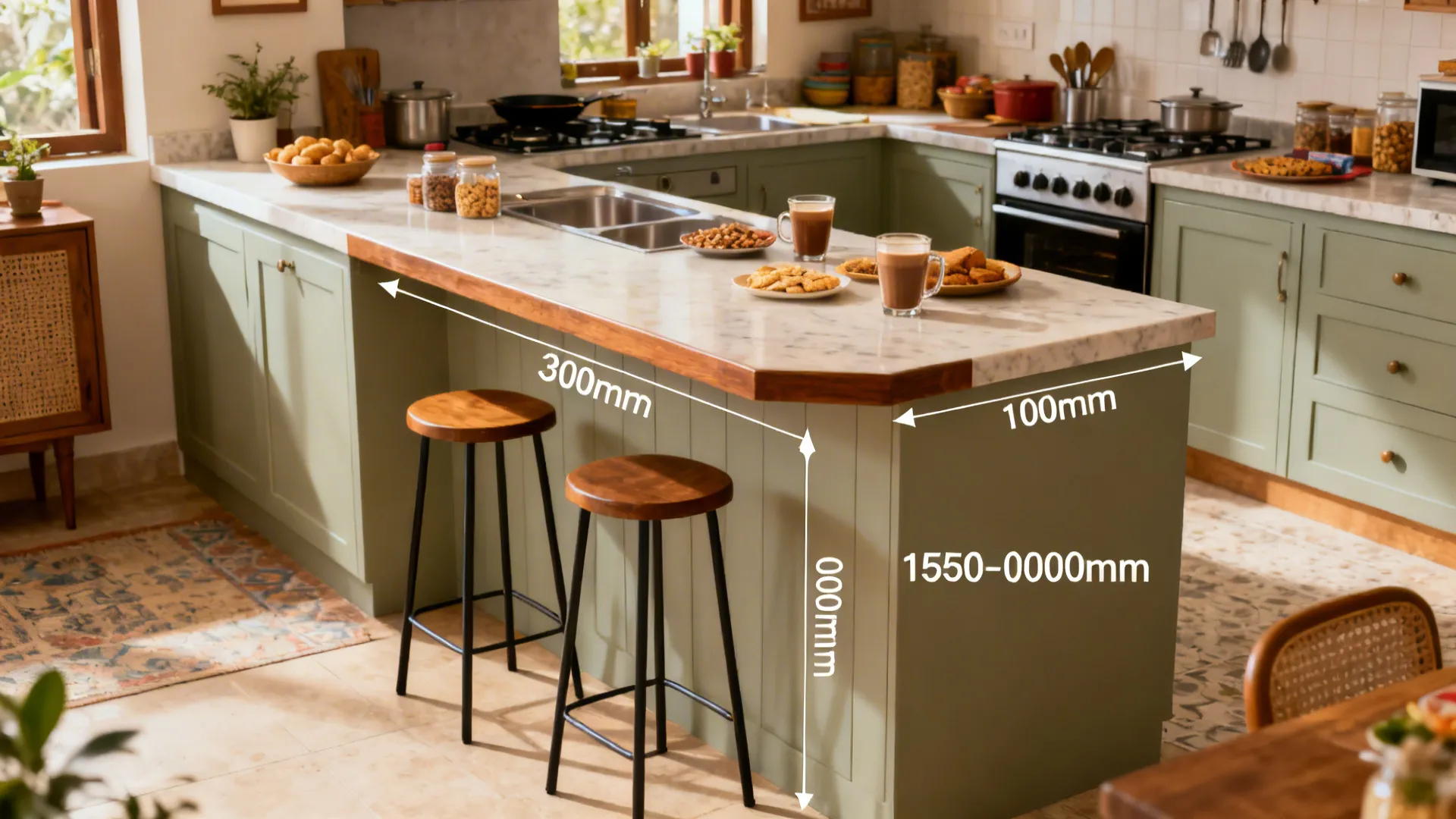 Green kitchen island with marble top and wood edge showing several height and width measurements