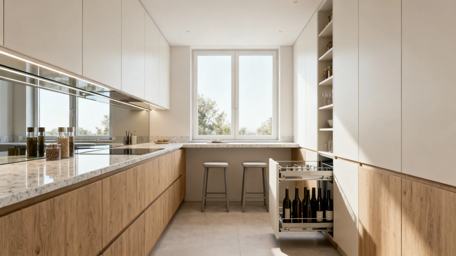 Compact U-shaped kitchen with a slim breakfast ledge by the window and a tall pocket pantry pull-out.