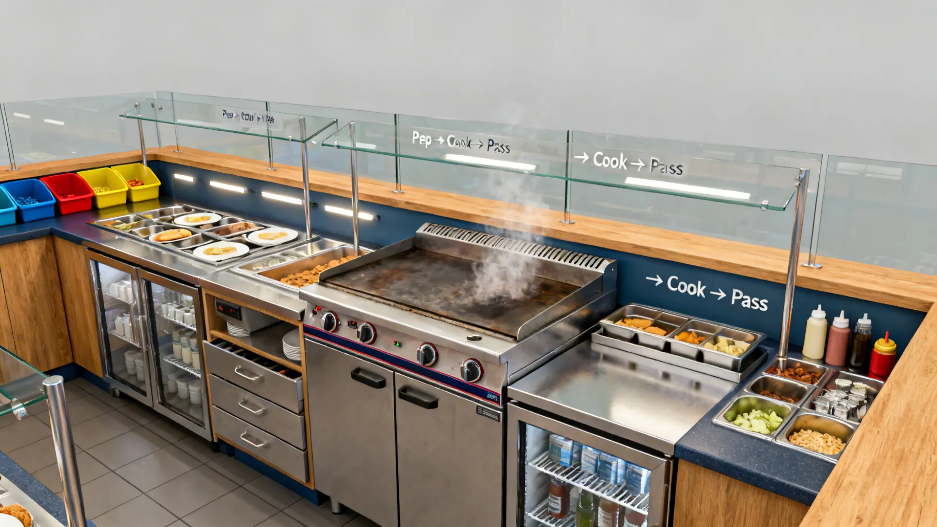 Commercial kitchen breakfast line with steaming grill, food trays, glass shield, and wooden counter labels