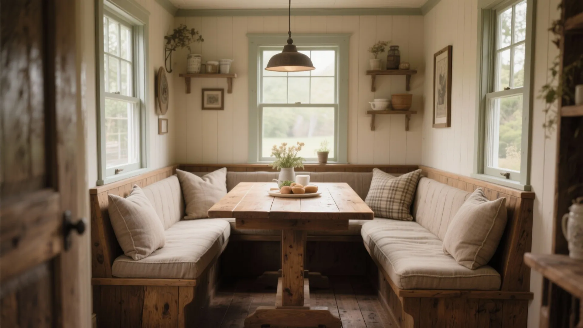 Farmhouse breakfast nook with bench seating and table