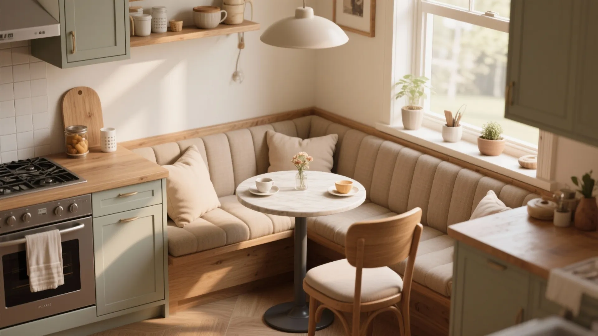 Cozy kitchen breakfast nook with corner bench seating, round marble table, wooden chair, and green cabinets