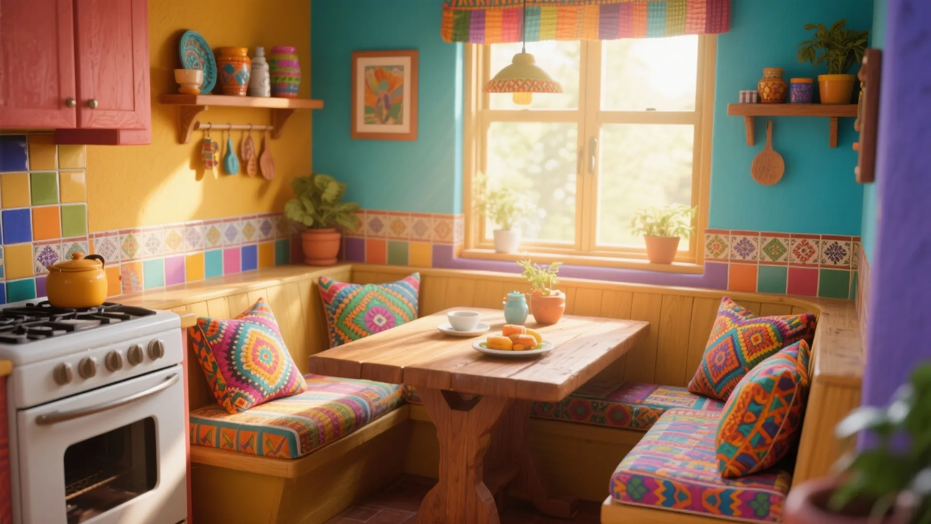 Colorful kitchen breakfast nook featuring wooden table with patterned cushions and sunlight from a window