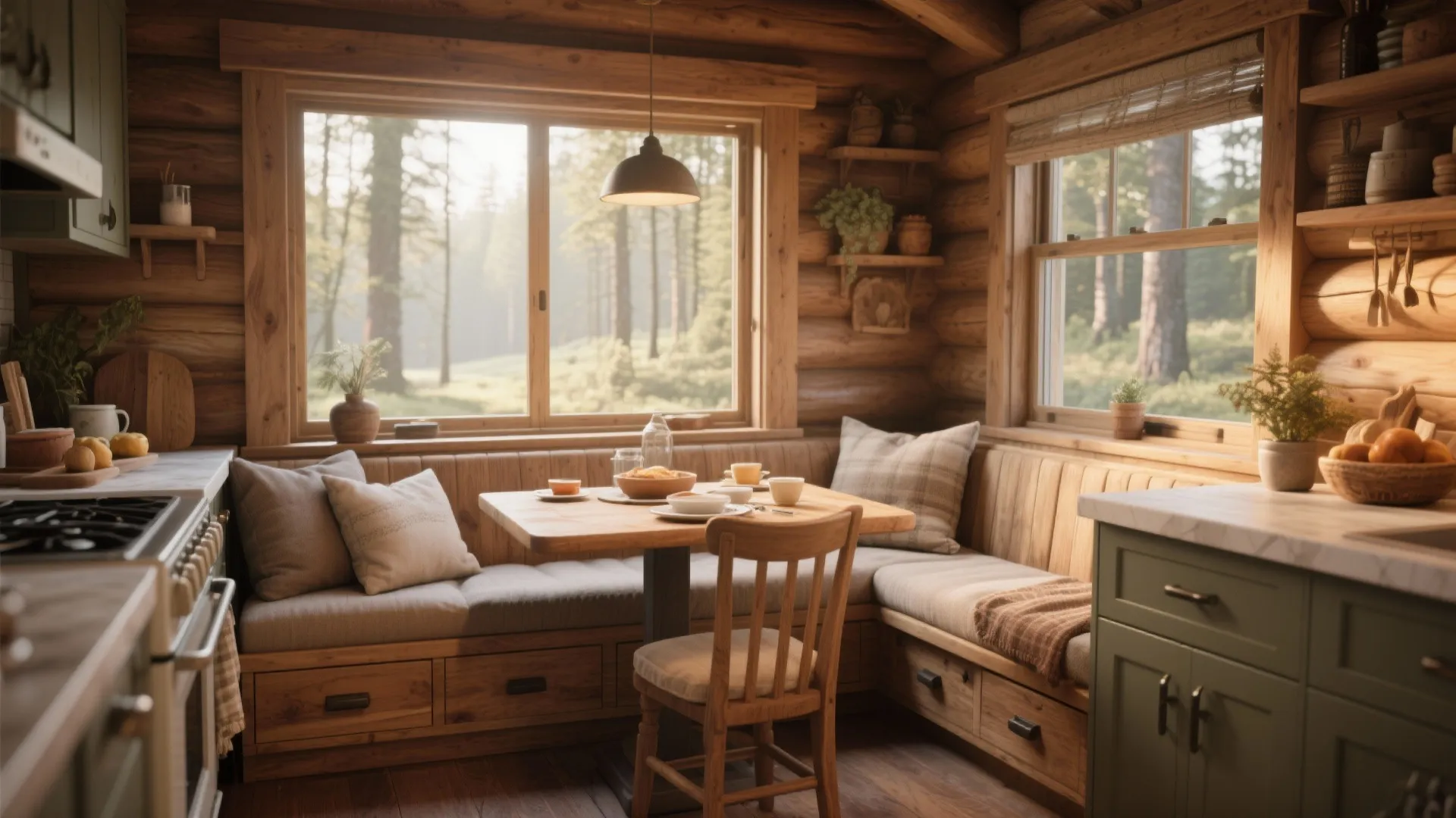Cozy breakfast area with wooden table built in seating pillows and large windows in cabin