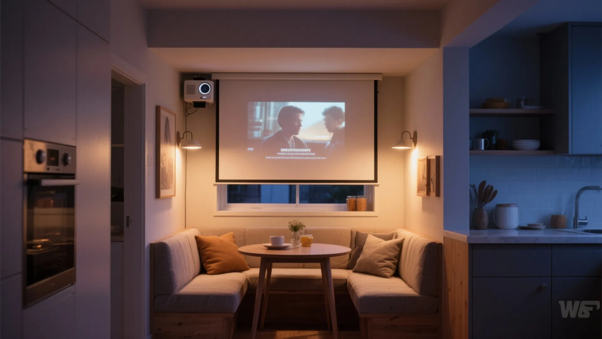 Cozy breakfast corner with a wooden table corner sofa wall lights and a movie projection screen